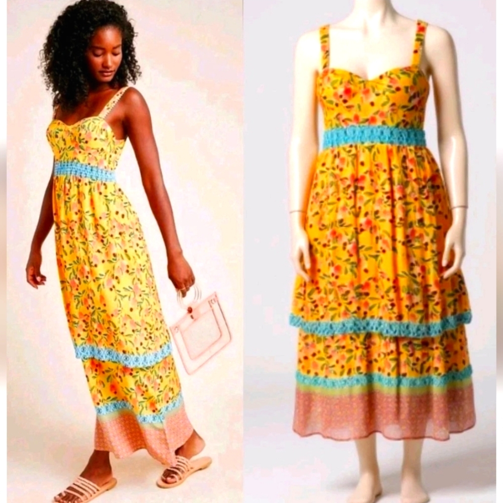 Farm Rio Anjou Sleeveless ellow Orange Floral Print Maxi Dress! 8P Excellent